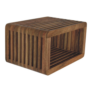 Slatted wooden bedside unit viewed from above, highlighting the continuous curved design and open storage.
