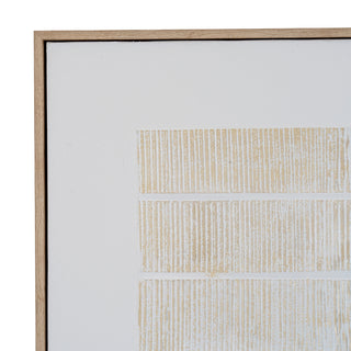 Detail of the light wood frame edge and the raised texture of the beige vertical lines on the white canvas.