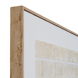 Close-up view of the canvas top left corner, showing the wood effect frame side and the textured vertical beige lines.