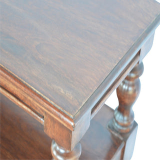 Detail shot of the console table top corner, highlighting the dark wood grain and decorative moulded edge.