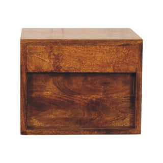 Front view of the two-drawer chestnut nightstand, focusing on the distinct wood grain across the panels.