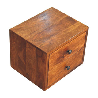 Chestnut nightstand viewed from above, highlighting the polished top and two drawer fronts.