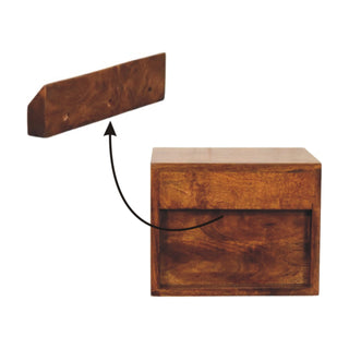 Diagram showing the chestnut nightstand unit and the separate wooden wall mounting cleat with connecting arrow.