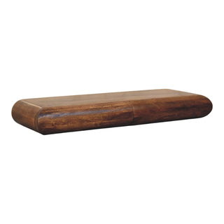 Dark, rich brown wood finish on the console table, showing the grain texture and curved profile.