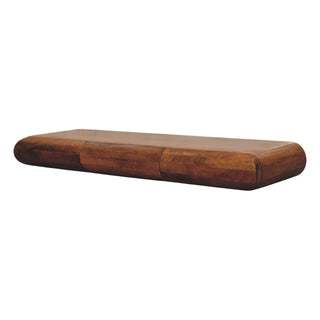 Top-down view of the dark wooden console showing the rounded corners and the subtle vertical drawer divisions.