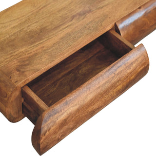 Close-up of the console table showing one drawer partially open, revealing the internal wooden box construction.