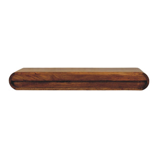 Horizontal profile view of the dark wood console, highlighting the thickness and fully rounded ends.