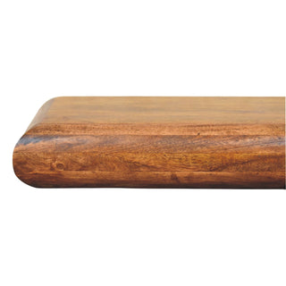 Thick side profile of the dark wood console table, showing the rounded corner detail.