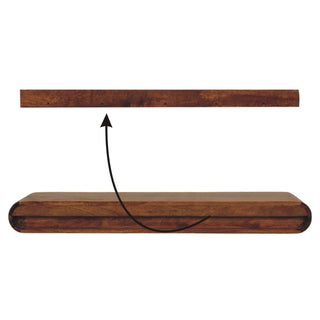 Dark wooden console unit separated from its wall mounting bracket, showing assembly method with an arrow.