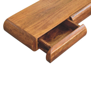 Detail shot of the dark wooden console with one drawer partially open, showing the internal storage compartment.