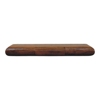 Dark wooden wall-mounted console unit viewed front-on. It features rounded corners and two subtle drawer divisions.