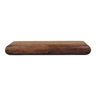 Dark wooden wall-mounted console table, front view, showing rounded ends and the seam between the two drawers.
