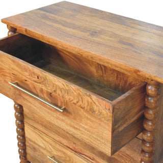 Mango wood chest with the top drawer open, showing the interior box construction and brass bar handle.