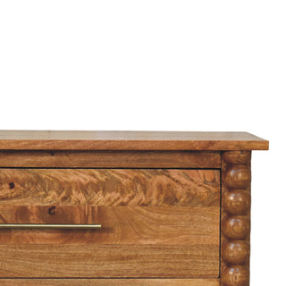 Close-up detail of the mango wood chest showing the top surface, brass bar handle, and bobble spindle side column.