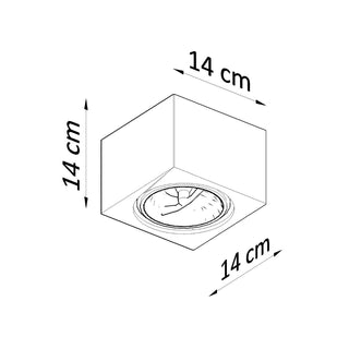 Technical line drawing showing the 14 cm dimensions of the square ceiling light fixture.