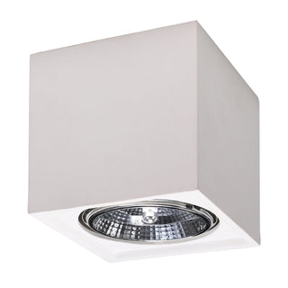 Square white ceramic ceiling light fixture shown from a low angle, revealing the recessed spotlight.