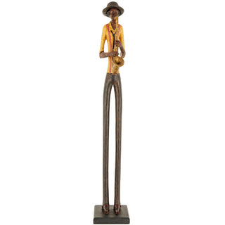 Front-on view of the standing jazz band saxophonist figurine with long legs and a yellow striped top.