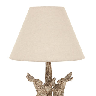 Close-up of the conical linen shade showing its natural woven texture.