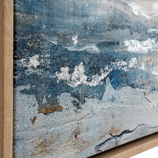 Close detail of the textured canvas showing thick impasto paint and metallic silver accents in blue and white areas.