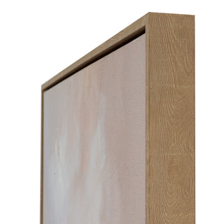 Detail shot showing the side profile and corner of the wooden frame surrounding the canvas.