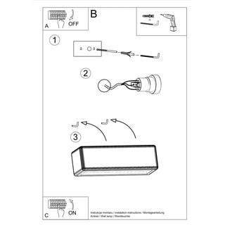 Technical diagram showing the three steps for installing the wall lamp, including wiring and fitting.