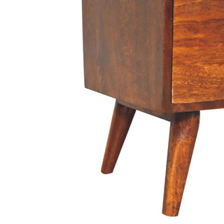 Dark wood bedside cabinet base and two tapered, angled legs shown in close detail.