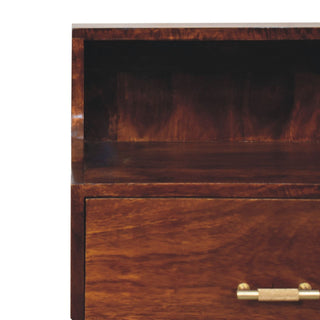Close-up showing the open storage shelf, drawer front, and brass T-bar handle detail.