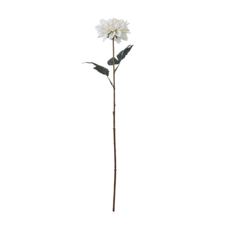Plain front-on product shot of a tall artificial white dahlia single stem with dark green leaves.
