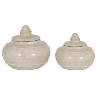 Medium distressed cream pot with lid shown next to the smaller size pot for scale comparison.