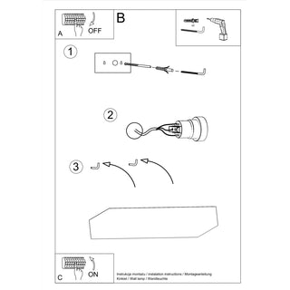 Line drawing showing the steps for mounting and wiring the ceramic wall lamp.