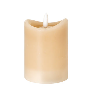 Taupe flameless pillar candle with realistic melted top edge and white LED flame.