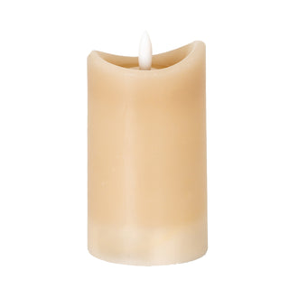 Cylindrical taupe LED candle with a curved melted top and white faux wick, photographed front-on.