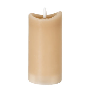 Single taupe flameless pillar candle with a curved, melted top edge and a white LED flame.