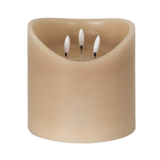 Cylindrical taupe LED candle with a melted top edge, showing three internal flame-shaped bulbs.