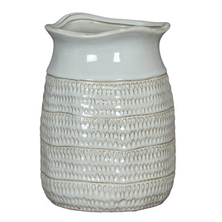 Light beige ceramic cylinder vase with a smooth glazed neck and a textured, woven-look body.