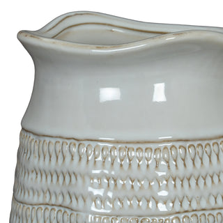 Detail of the vase texture, showing three rows of small, dark-lined teardrop shapes beneath the smooth glazed neck.