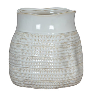 Plain front view of the ceramic vase. The body features horizontal bands of small, impressed comma shapes.