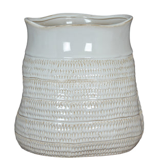 White ceramic bud vase with a wavy rim. Features a smooth glazed neck and a textured body with impressed horizontal lines.