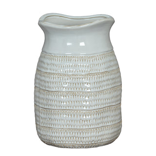 Medium hewn ceramic vase with a wavy rim and textured body bands, glazed white.