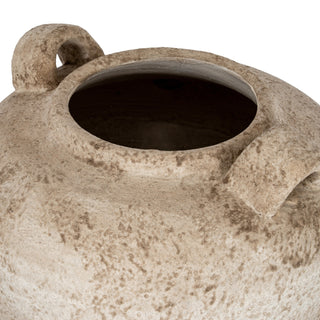 Close-up view looking down into the vase opening, showing the rim and textured beige handles.