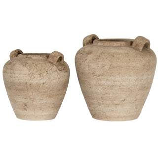 Two beige ceramic urn vases with handles, showing the medium size next to the small size.