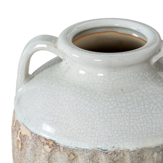 Close-up of the vase rim and handles, highlighting the fine crackle glaze texture and the rough transition line.