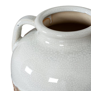Detail of the vase rim, handle, and glossy white crackle glaze finish.