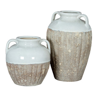 Two amphora vases of different sizes, both with white crackle glaze and ribbed ceramic bases.