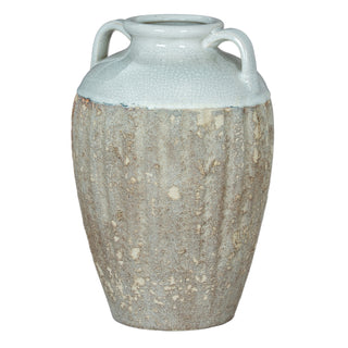 Large amphora vase with two handles. Crackled white glaze top and textured, rustic grey body.