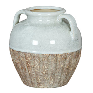 Front view of a two-handled vase. Upper half is crackle-glazed white; lower half is rough, ribbed brown ceramic.