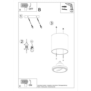 Diagram showing the steps for installing the cylindrical ceiling light, including wiring and mounting.