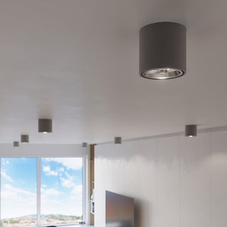 Multiple grey cylindrical ceiling lights installed across a large white ceiling in a bright, modern room.