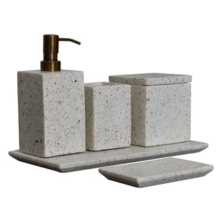 All five pieces of the light grey terrazzo bathroom set displayed, including the soap dish.