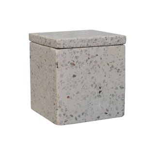 Lidded square storage box in light grey speckled terrazzo, isolated on white.